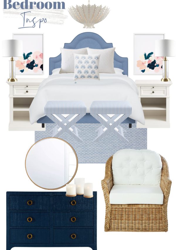 Blue Bedroom | Coastal Bedroom | Navy and Pink Bedroom | Light Blue Bed | X-Benches | Rattan Armchair | Serena and Lily | Blue Dresser | Round Brass Mirror | White Nightstand